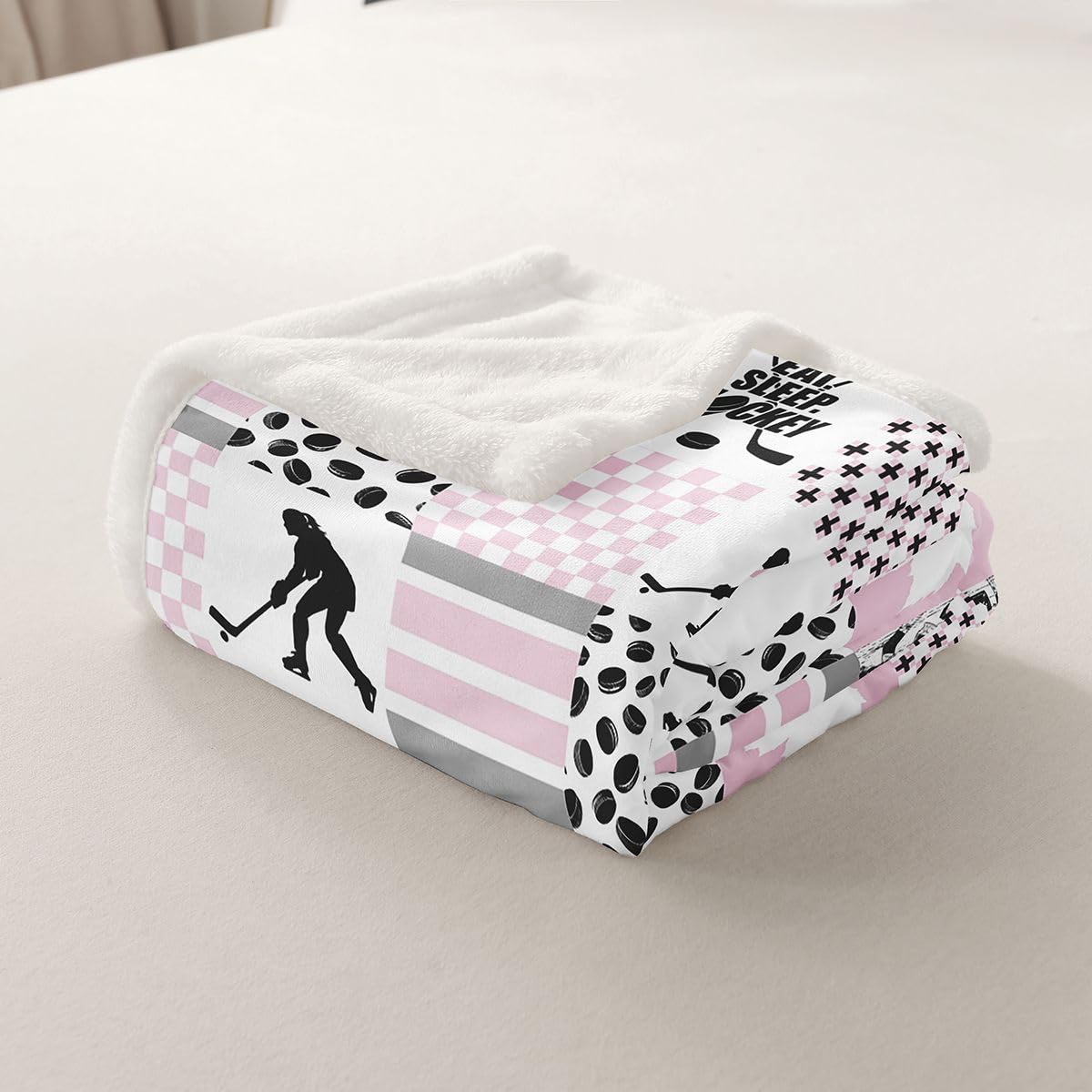 Erosebridal Ice Hockey Twin Size Fleece Blanket for Girls, Puck Sports Games Fuzzy Blankets for Kids Teens Bedroom, Hockey Player Throw Blanket Plaid Patchwork Blankets, Pink White Black