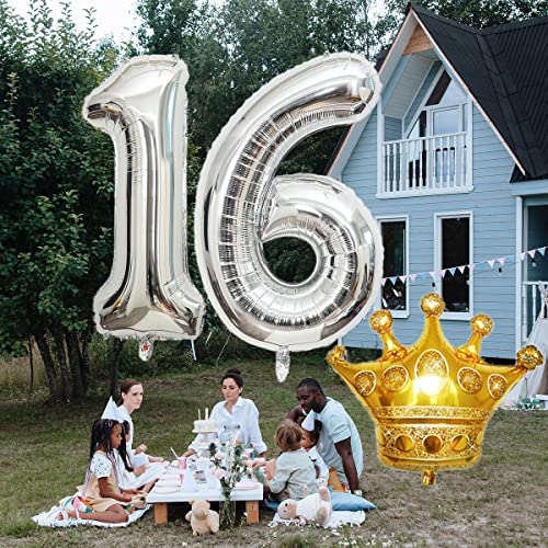 32-Inch Silver Number 16 Balloon with Mini Crown - Birthday Party Decor