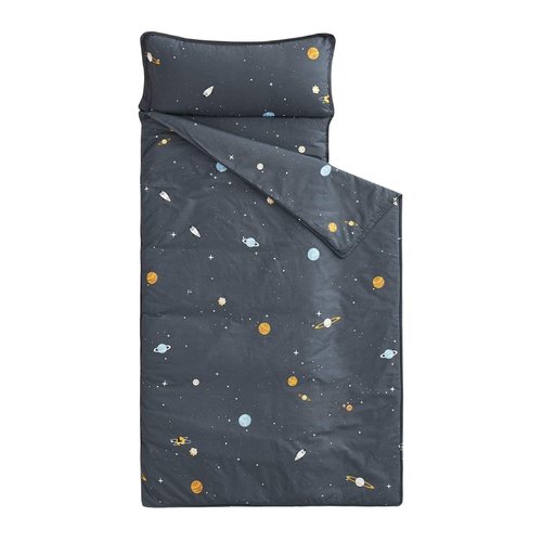 Wake In Cloud - Toddler Nap Mat with Pillow and Blanket, 100% Cotton Fabric, for Kids Boys Ages 3 Plus in Daycare Kindergarten Preschool, Roll Up Sleeping Bag, Galaxy Spaces, Gray, Extra Long