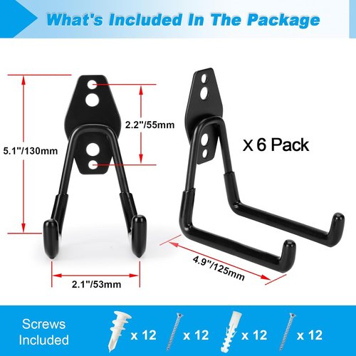 Heavy Duty Garage Hooks - 6 Pack Utility Steel Hangers for Organizing Tools, Ladders & Bikes