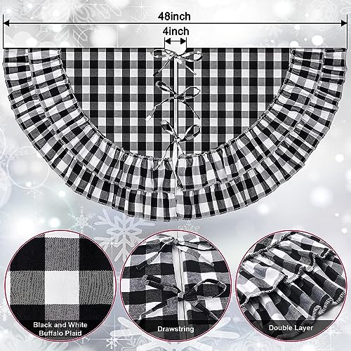 Yuboo Buffalo Plaid Christmas Tree Skirt 48 Inch Black & White Ruffled Decor