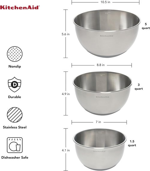 KitchenAid Stainless Steel Mixing Bowls - Durable Set of 3 for Effortless Meal Prep