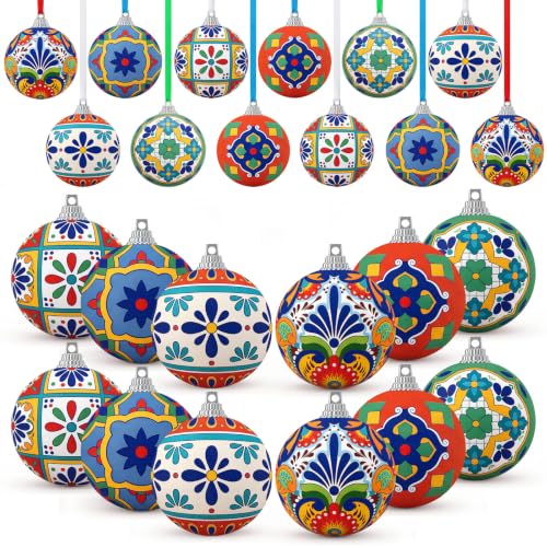 Mexican Christmas Ornament Set - 24 Colorful Fabric Balls with Talavera Pattern