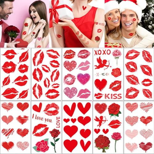 84 Pcs Kiss Temporary Tattoos Red Lips Heart Rose Body Art Decals