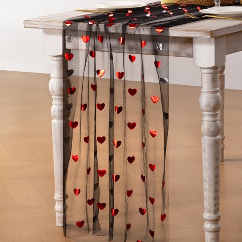 MLMC Heart Valentine's Day Table Runner Black Glitter Gauze Table Runner 120 Inch 10 FT Sheer Metallic Foil Seasonal Centerpiece for Wedding Anniversary Romantic Dinner Table Decor