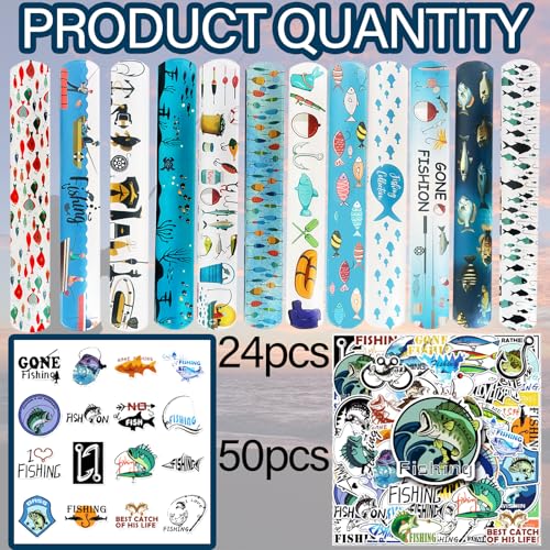 74PCS Fishing Party Favors Set with Slap Bracelets & Stickers
