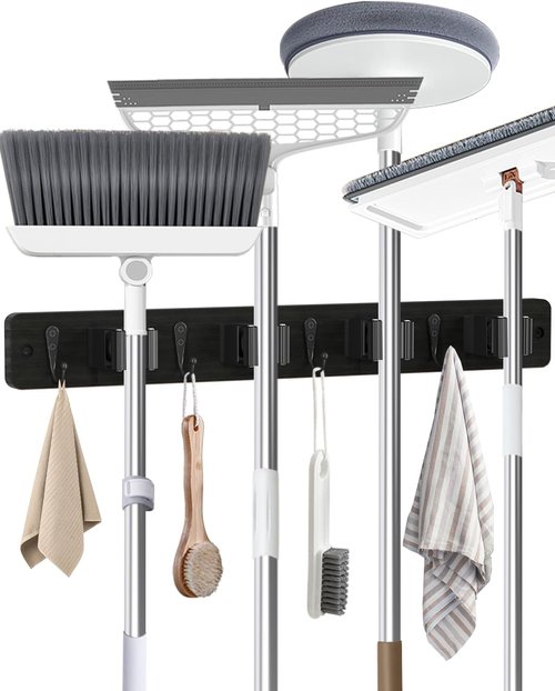 AceMining Wall-Mounted Broom Holder - 4 Holders & 4 Hooks, Natural Pine Wood with Anti-Slip Rubber