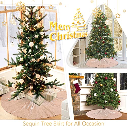36-Inch Rose Gold Sequin Christmas Tree Skirt with Satin Mesh - Holiday Decor