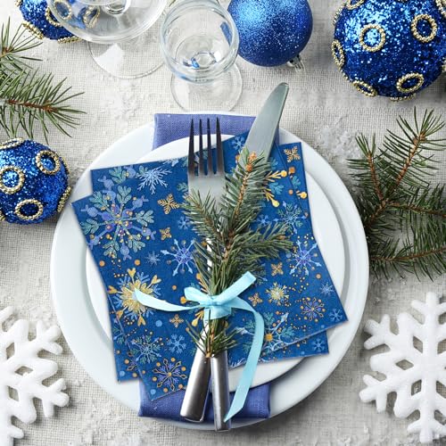 Winter Snowflake Paper Napkins - Blue Gold Xmas Disposable Napkins 6.5 x 6.5 Inch, 80 Pack