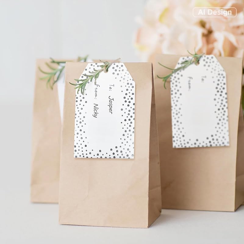 G2PLUS Silver Dot Gift Tags To & From - 50 Pcs with White Kraft Paper, Twine, 2x3.3 In - Silver Dots