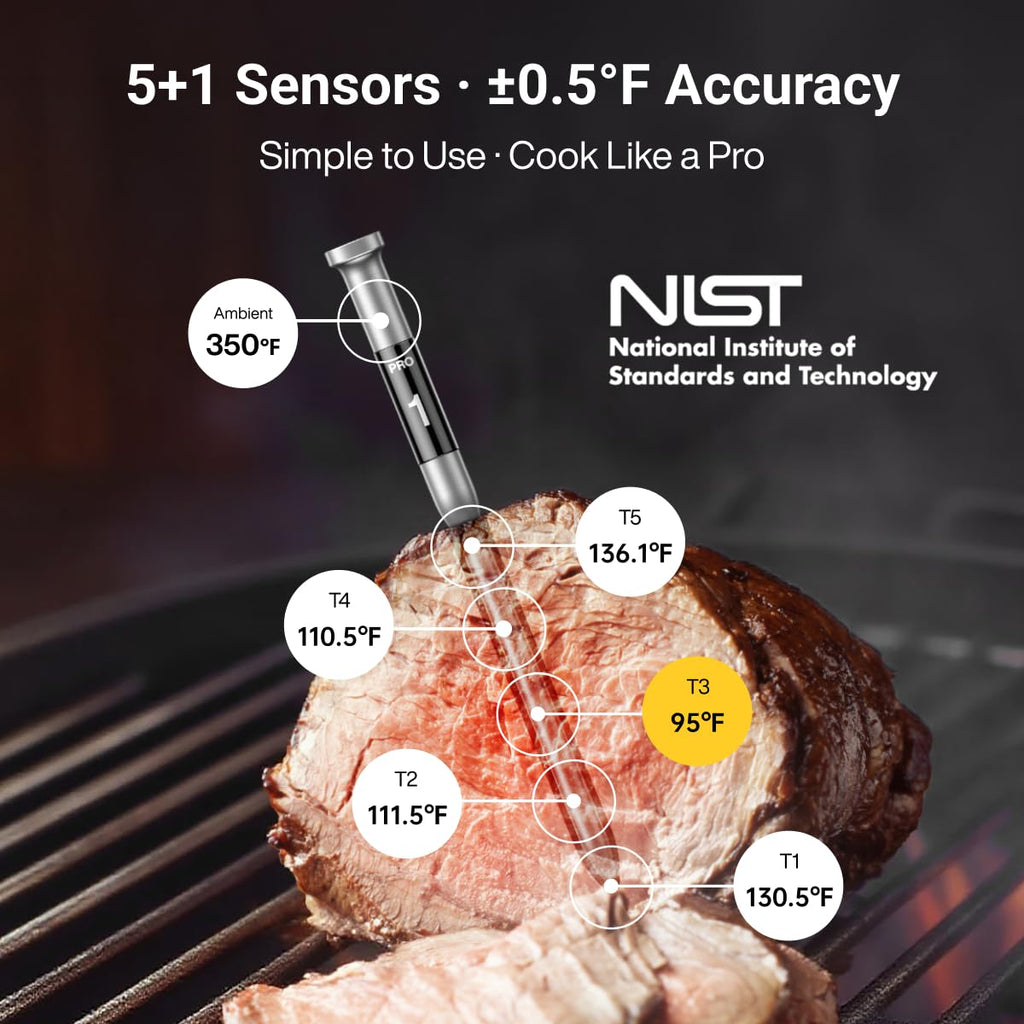 ThermoMaven Smart Wireless Meat Thermometer - 3000FT Range, 6 Sensors, NIST Certified Accuracy, Large LCD