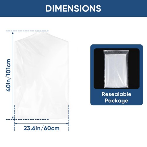 SmileLucky 50 Pack 23.6"x40" Garment Bags for Hanging Clothes, Thick Clear Plastic Dry Cleaning Covers for Closet Storage & Travel