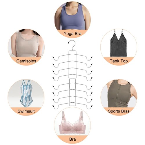TOPIA HANGER 2 Pack Tank Top Hanger, 8 Layers Bra Hanger Space Saving, Sport Yoga Bras Holder, Closet Organizers and Storage for Camisoles Tank Tops Sports Yoga Bras Swimsuits, Silver CT79B