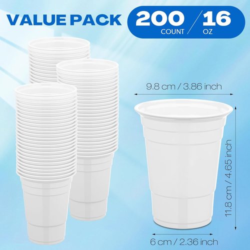 Bokon 16 oz Disposable White Plastic Cups - 200 Pack for Parties, Weddings & Picnics