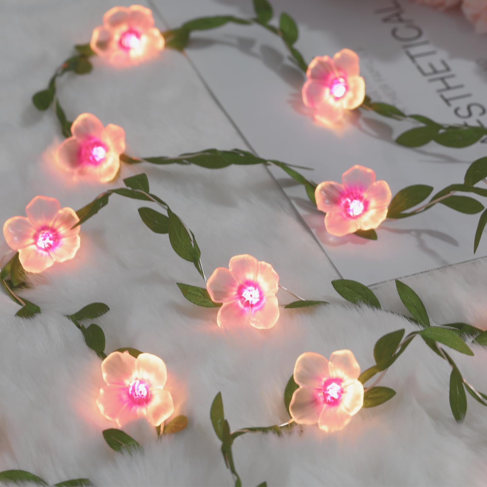 Cherry Blossom Vine Lights 13ft 40 LED Flower String Lights USB Plugin & Battery Operated Fairy Lights with Timer 8 Modes Remote Decorative Light for Graduation Bedroom Wedding Birthday Party Gift