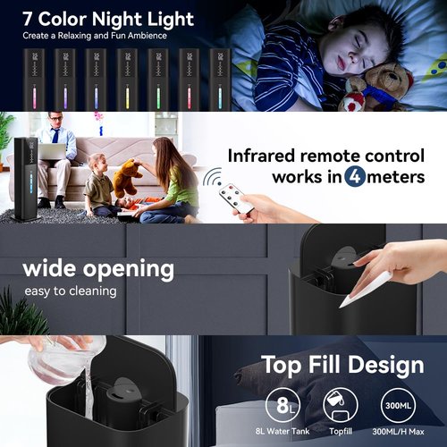 Humidifiers Large Room Bedroom with 7 Colors Light, 2.1Gal(8L) 3 Speed Quiet Ultrasonic Cool Mist Humidifier with 360° Nozzle, Humidity Setting, Timer,Aroma Box for Home Plant Baby Yoga Sleep (Black)