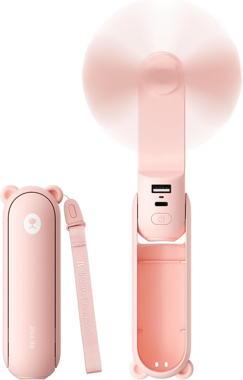 JISULIFE 3-in-1 Handheld Mini Fan - Portable Cooling Fan, Power Bank & Flashlight | USB Rechargeable, Pink