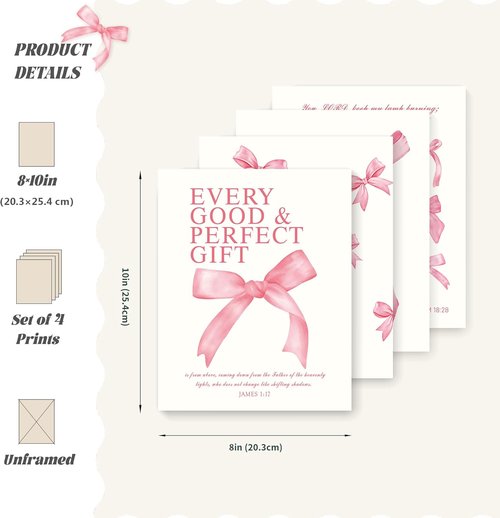 LARTSFRO Coquette Pink Bow Christian Wall Art - Inspirational Bible Verses Decor | Set of 4 Unframed 10x8 Inch Prints