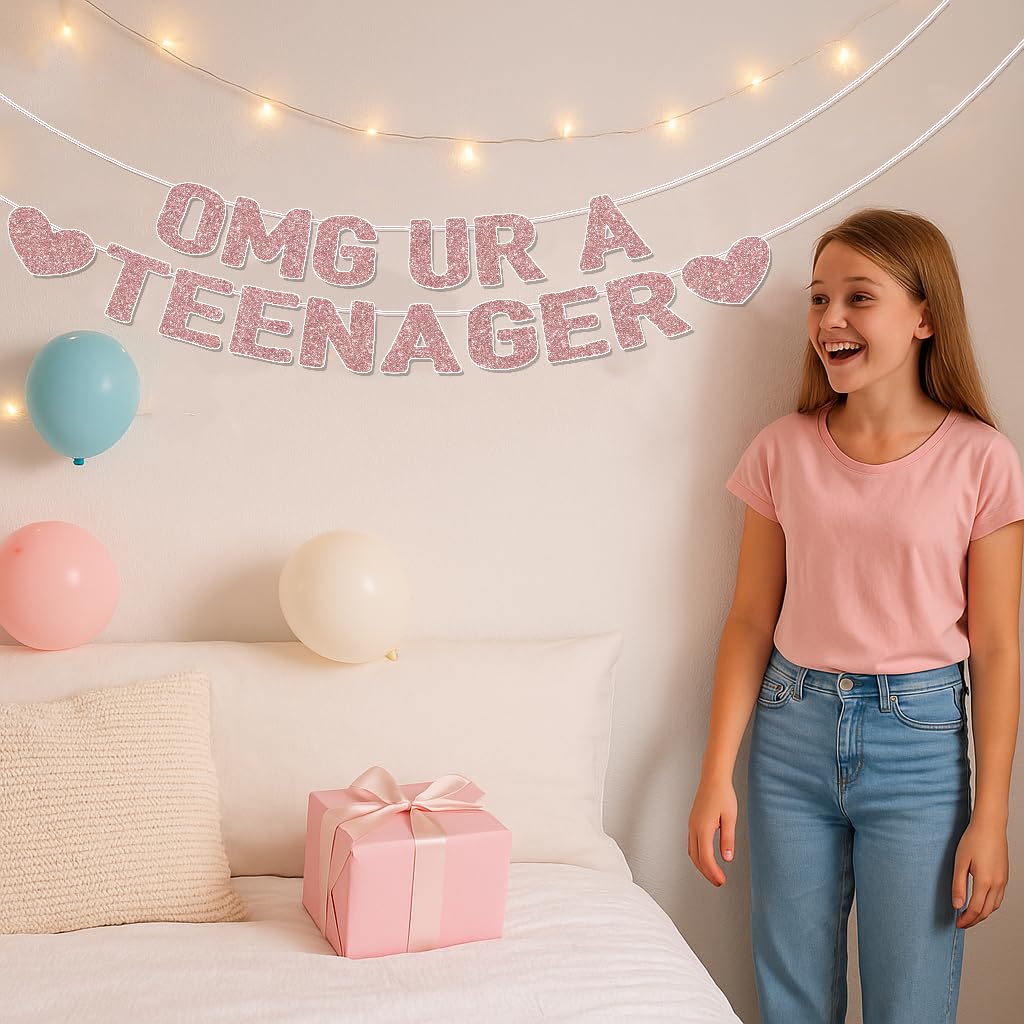OMG UR A TEENAGER Banner – 13th Birthday Decorations for Girls, Rose Gold Glitter Happy 13th Bday Party Decor, Pre-Strung Teen Girl Birthday Decorations for 13 Year Old Girl