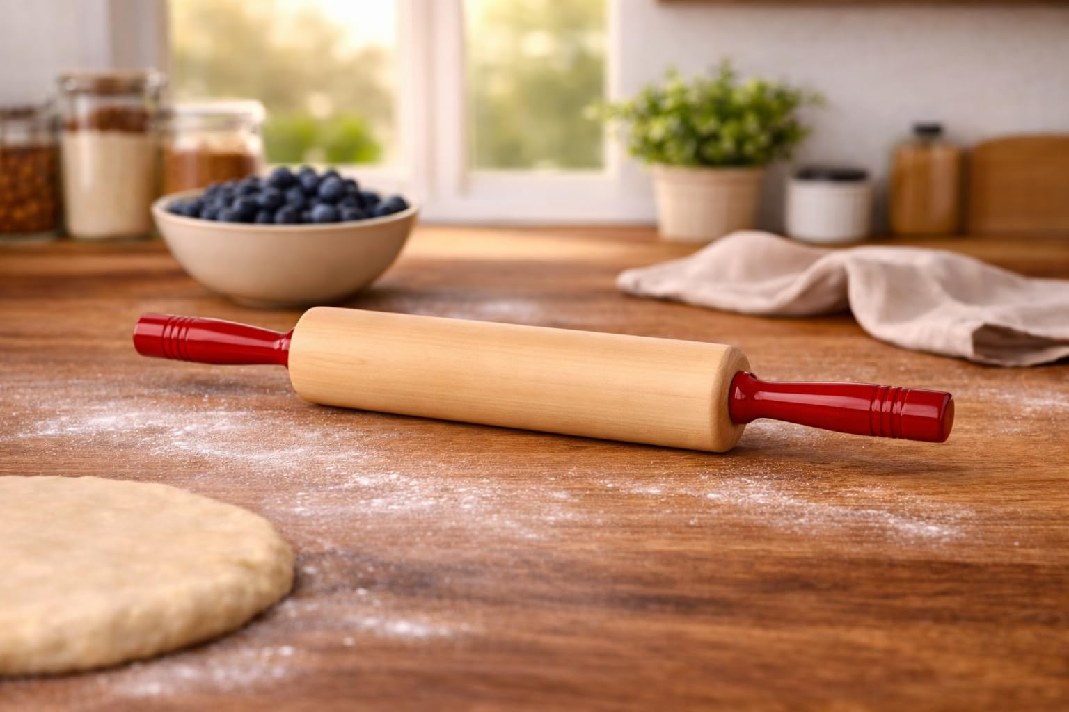 Fletchers' Mill Rolling Pin with Handles, Maple/Cinnabar - 12 inch, Professional Rolling Pins for Baking, Pasta, Pie, Cookie Dough, MADE IN U.S.A.