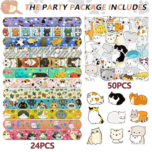 Kitten Party Favors Set - 24 Slap Bracelets & 50 Cat Stickers