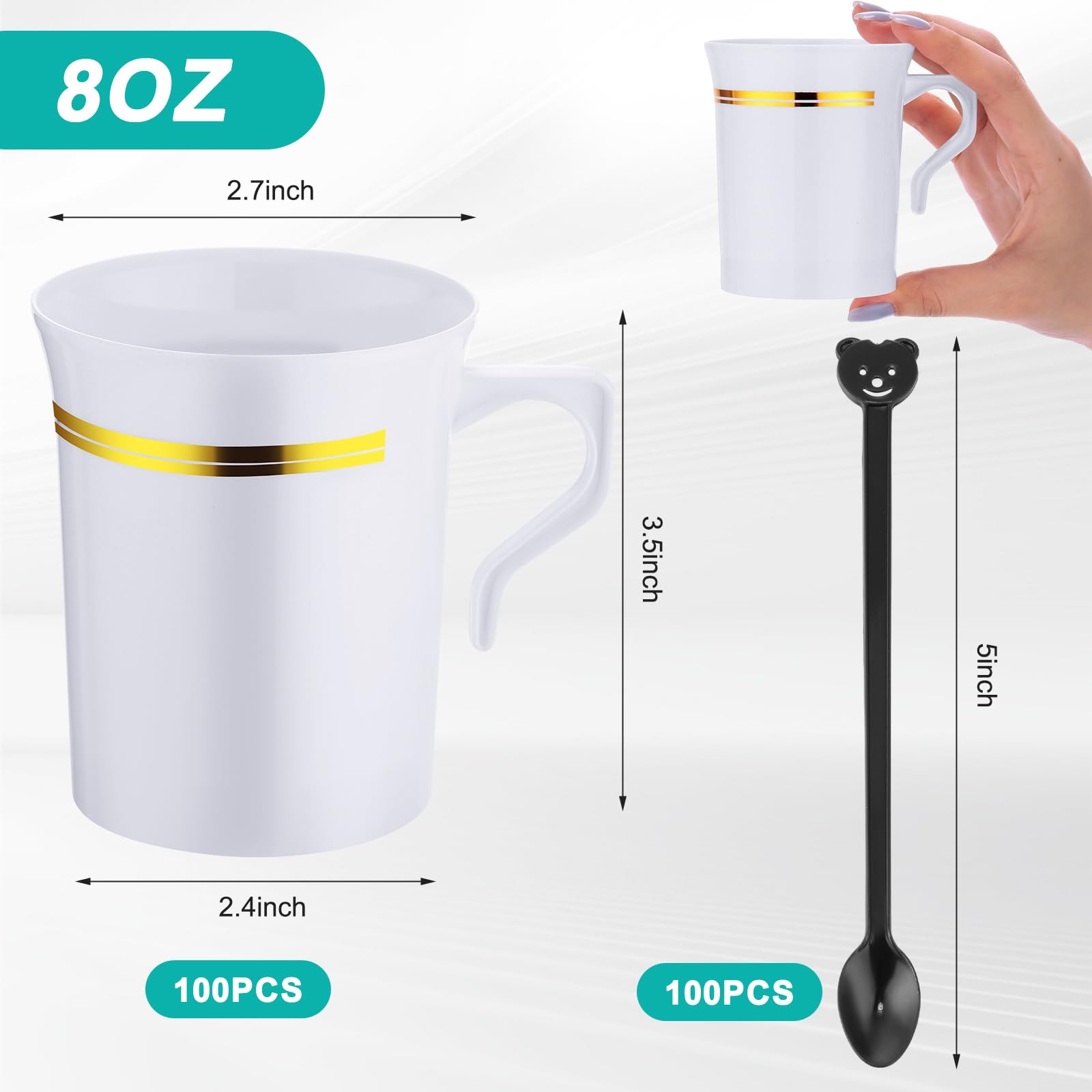 Bokon 100 Pcs Plastic Tea Cups Bulk with Handle and Spoon, 8 oz Reusable Teacups with Gold Rim, White Coffee Mugs for Bridal Shower, Wedding, Princess Tea Party Supplies (Gold Rim)