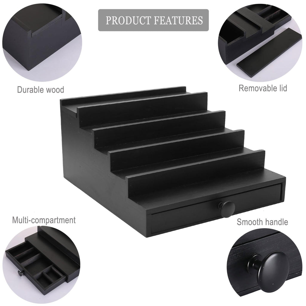 Fengligoo 5 Tier Cologne Organizer for Men - Wooden Black Cologne Perfume Display Stand with Drawer and Hidden Compartment, Mens Cologne Holder Shelf for Organizing and Storing