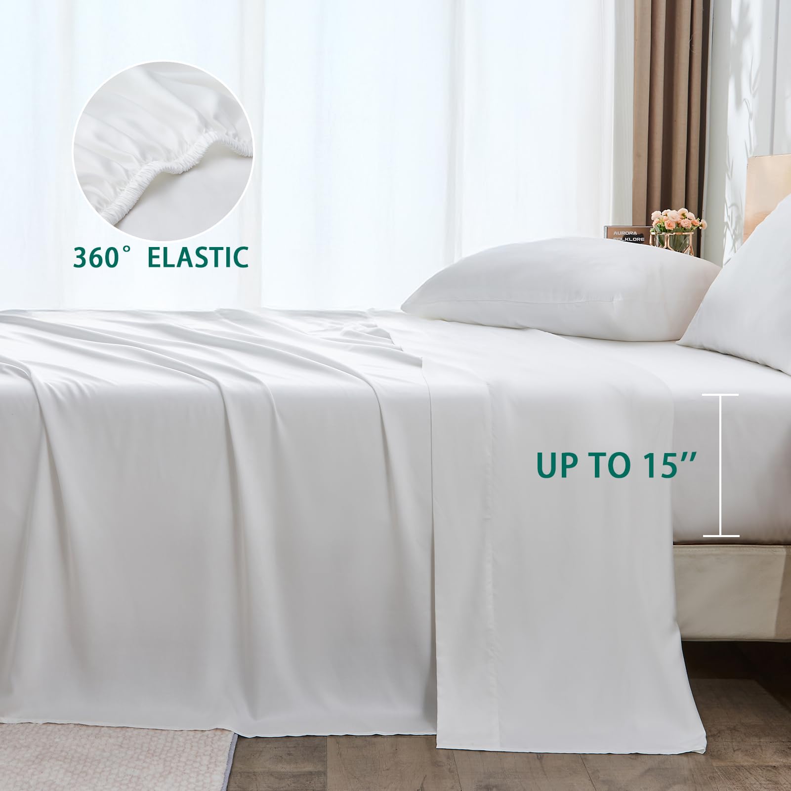 KUSNUG 100% Rayon Derived from Bamboo Sheets King Size, Organically Growth, Silky Soft & Cooling Sheet Set, 4 Piece (1 Fitted Sheet, 1 Flat Sheet and 2 Pillowcases) White Bedding Set with Deep Pocket