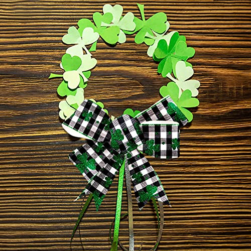 St Patrick's Day Burlap Ribbon 2.5" x 10 Yards - Black White Plaid with Green Glitter Shamrocks
