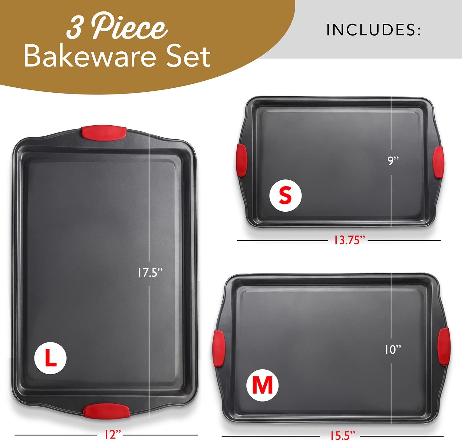 Skiennix 3-Piece Baking Sheet Set - Durable Nonstick Cookie Sheets with Silicone Handles | Black