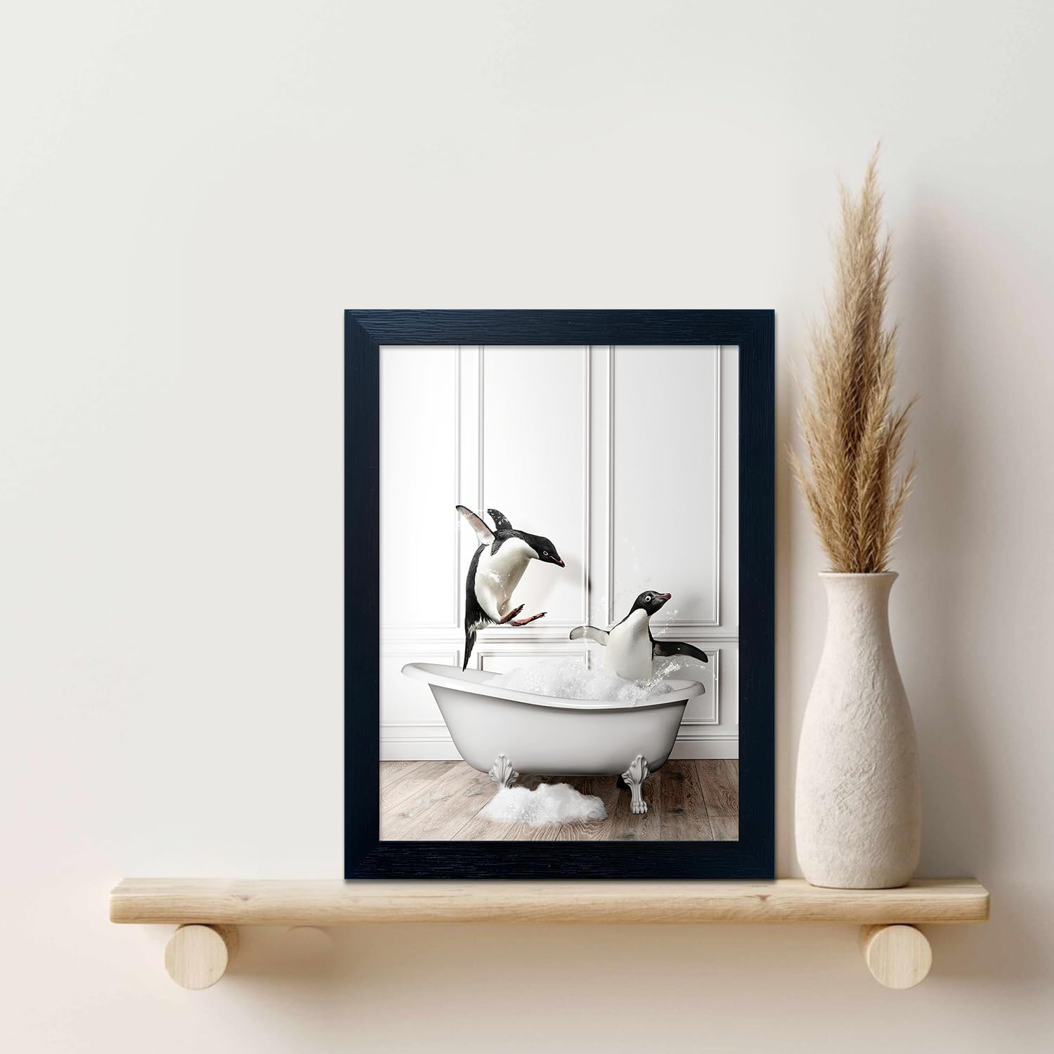 Skiennix Kids Bathroom Decor - Cute Penguin Canvas Print | Funny Black & White Wall Art