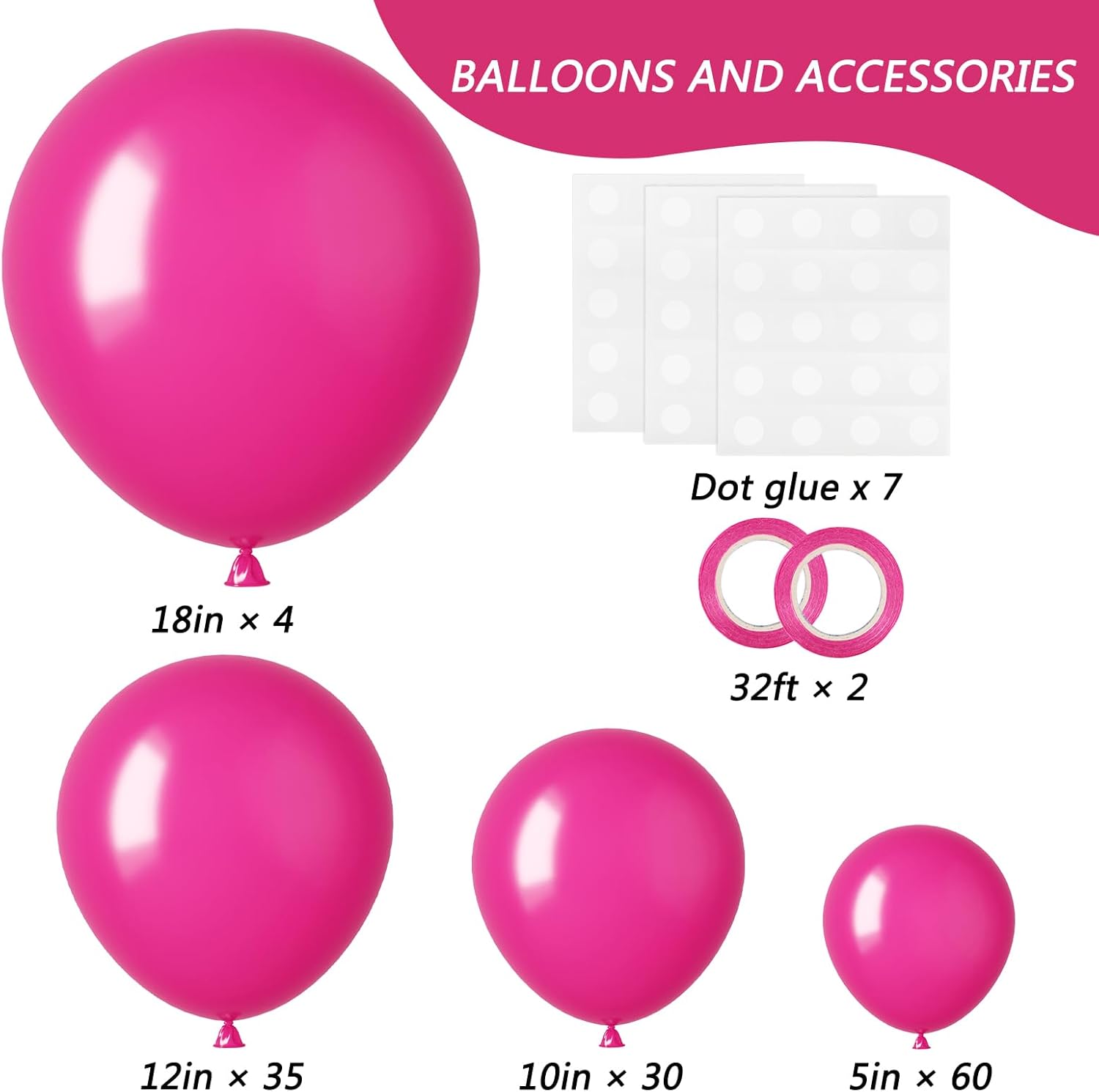 RUBFAC Hot Pink Balloon Arch Kit - 129pcs Latex Balloons in Various Sizes for Birthday & Wedding Decor