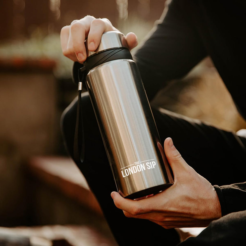 The London Sip 25 oz Multi-Function Travel Mug and Tumbler Tea Infuser Water Bottle Fruit Infused Flask Hot and Cold Double Wall Stainless Steel Coffee Thermos, Cosmic Silver, Pack of 2