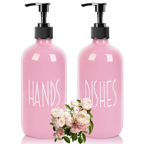 Glass Soap Dispenser with Plastic Pump for Kitchen - 16 OZ Glass Hand Soap Dispenser Set - Kitchen, Bathroom for Decor and Accessories (Pink)
