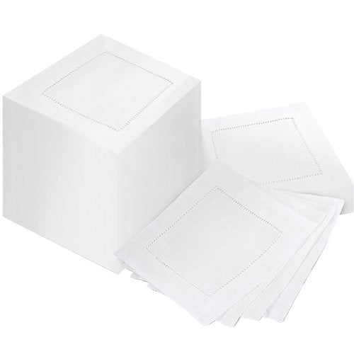 80 Pcs Linen Cocktail Napkins Bulk 6 x 6 Inch Cloth Hemstitch Fabric Napkins for Party Wedding Bar Beverage Coffee Dessert (White)