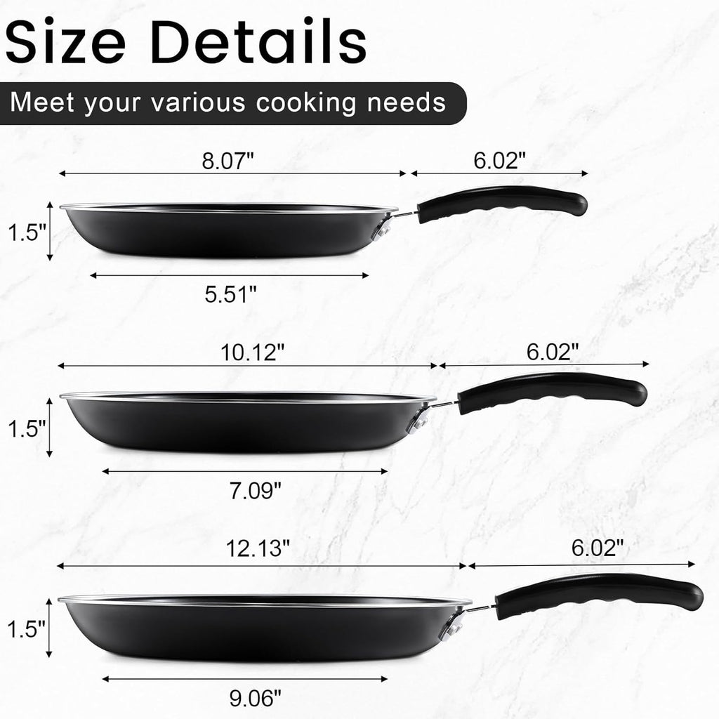 Nonstick Frying Pans Set of 3 by [Brand Name] - Durable Carbon Steel Skillets with PFOA-Free Coating | Includes 2 Spatulas, 7.9, 10.2, 11.8 Inch Sizes