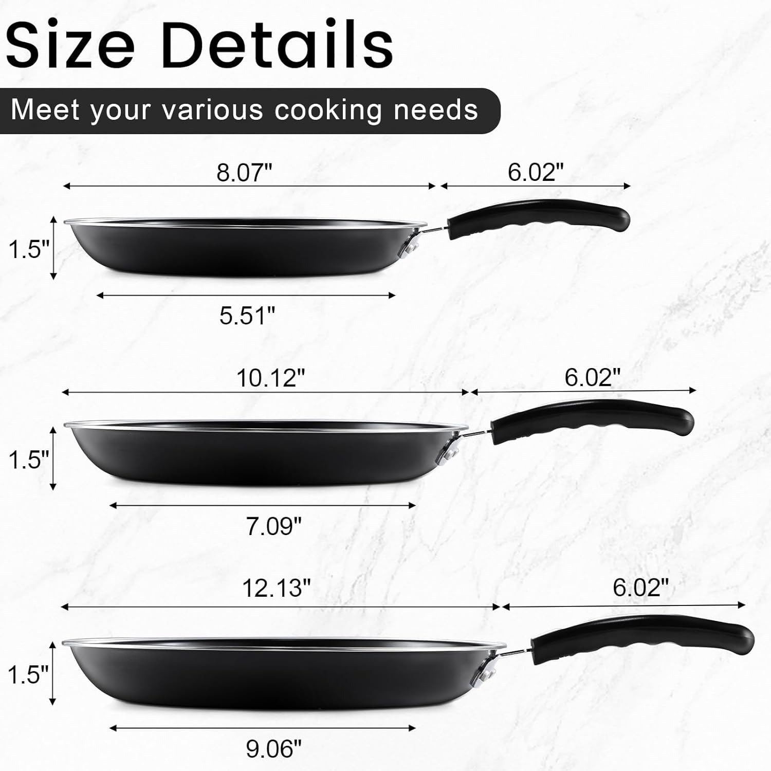 Nonstick Frying Pans Set of 3 by [Brand Name] - Durable Carbon Steel Skillets with PFOA-Free Coating | Includes 2 Spatulas, 7.9, 10.2, 11.8 Inch Sizes