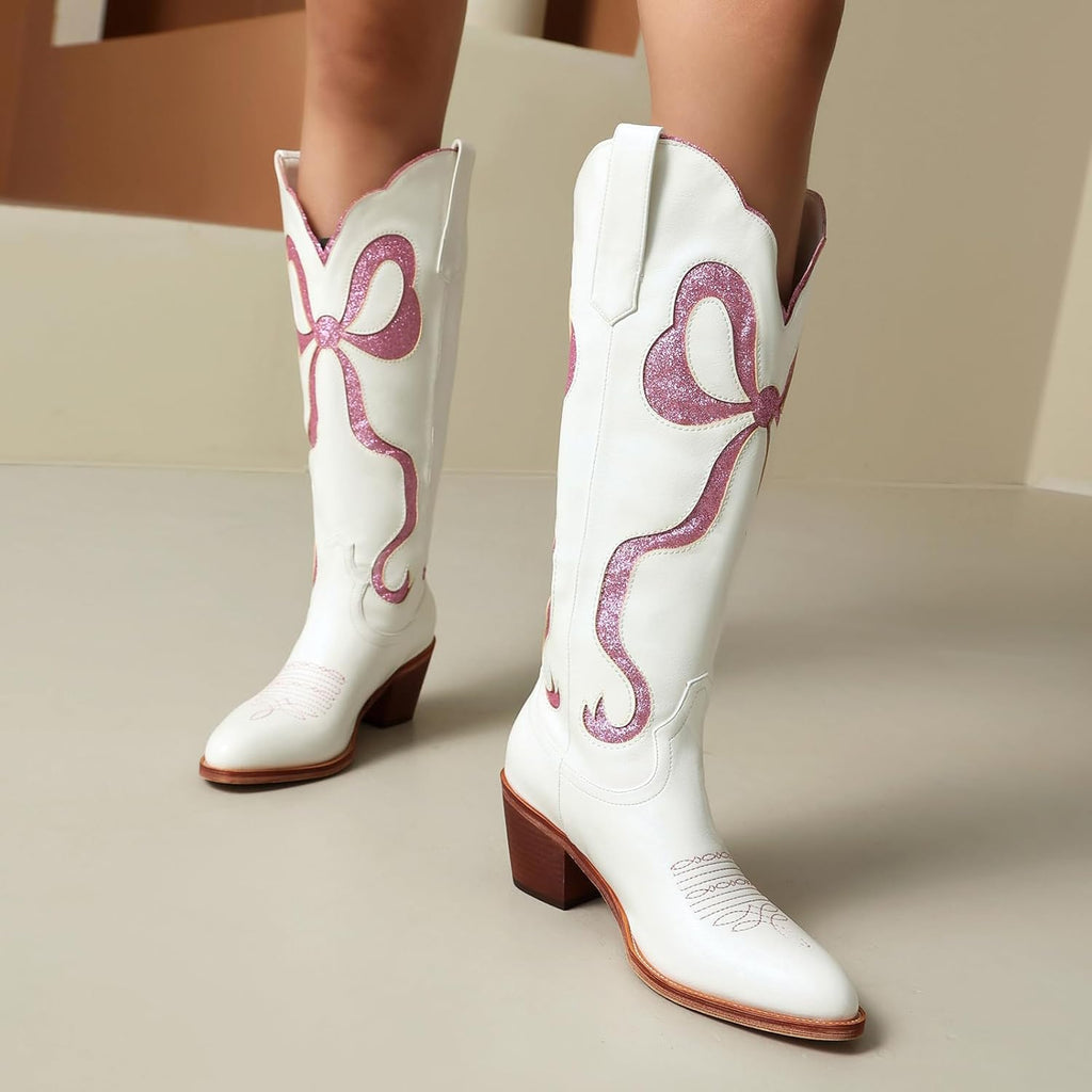 Skiennix Women's White Cowgirl Boots - Embroidered Knee High Design with Chunky Heel