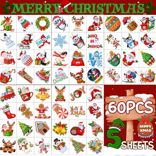 Christmas Temporary Tattoos 60Pcs - Santa & Reindeer Party Favors