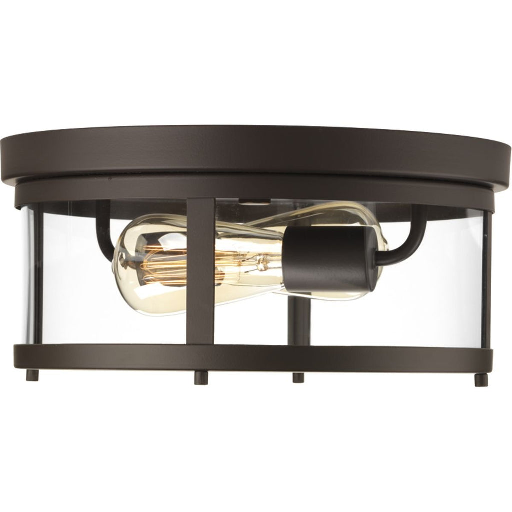 Progress Lighting Gunther Collection 2-Light Clear Glass Farmhouse Outdoor Flush Mount Light Antique Bronze, 5.75x12.63x12.63