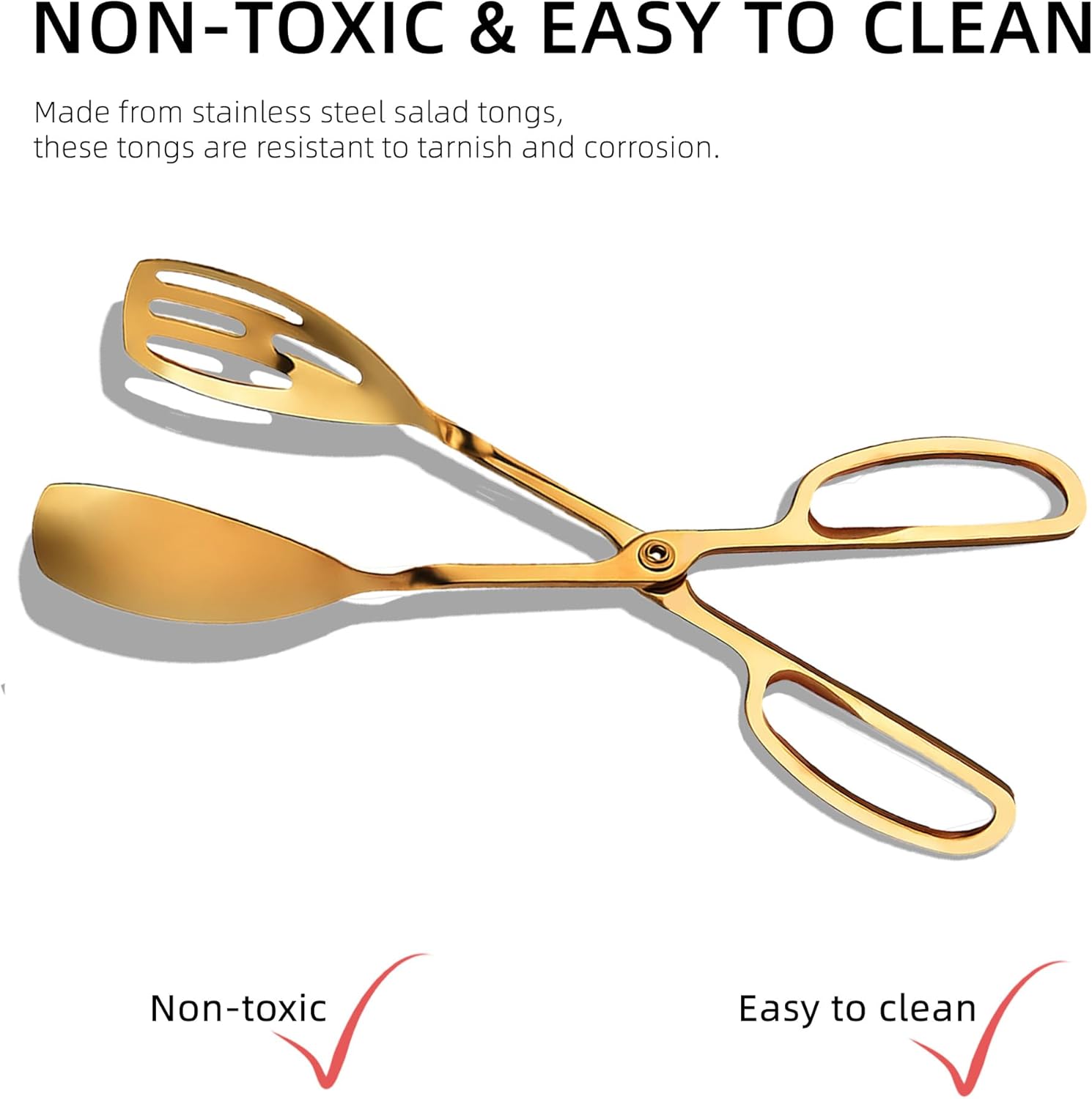 Salad Tongs - Premium Stainless Steel Scissor-Style Serving Utensils | Non-Toxic, Heat-Resistant, 2-Pack (Gold)