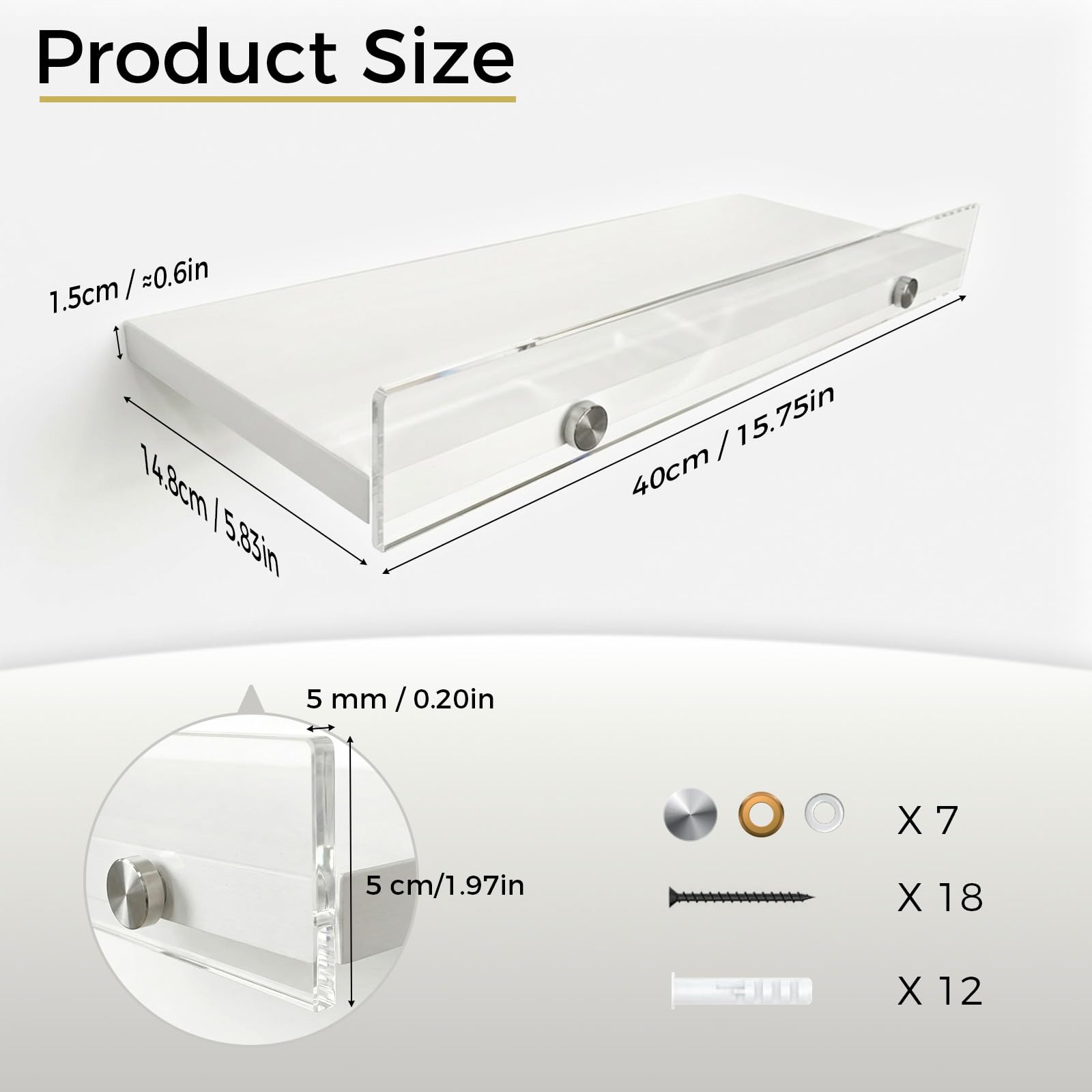 Over the Toilet Shelves - Wall Mounted Floating Shelves with Clear Acrylic Lip, 15.7" Rustic Farmhouse Bathroom Storage Shelves, 3 Pack White