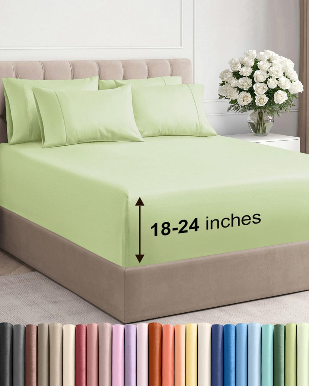 Skiennix Extra Deep King Sheet Set | 6-Piece Breathable Cooling Bedding - Soft, Wrinkle-Free Light Sage