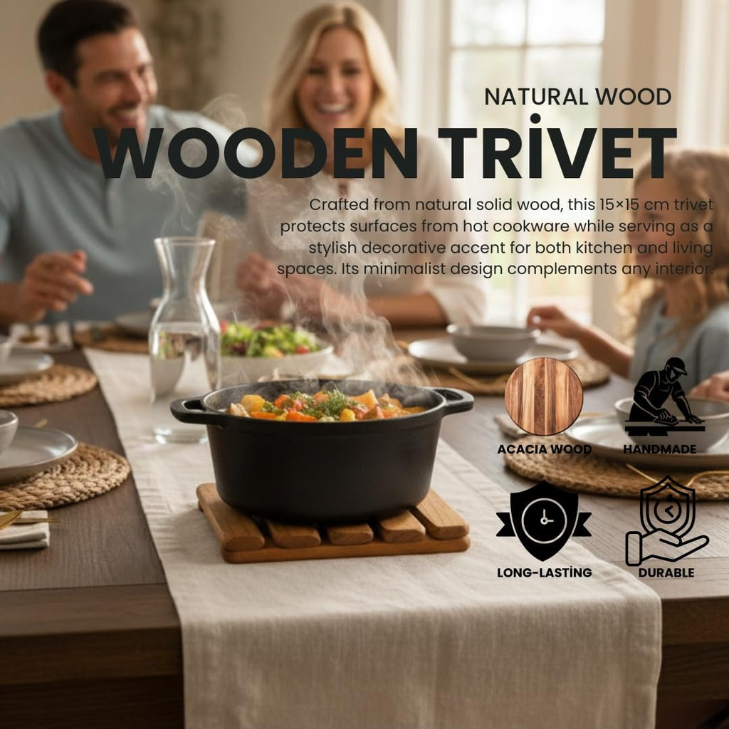 Wooden Trivet – Trivets for Hot Pots and Pans, 15×15 cm Heat Resistant Solid Acacia Wood, Durable Kitchen & Table Protector, Premium Handmade – LO-MAS
