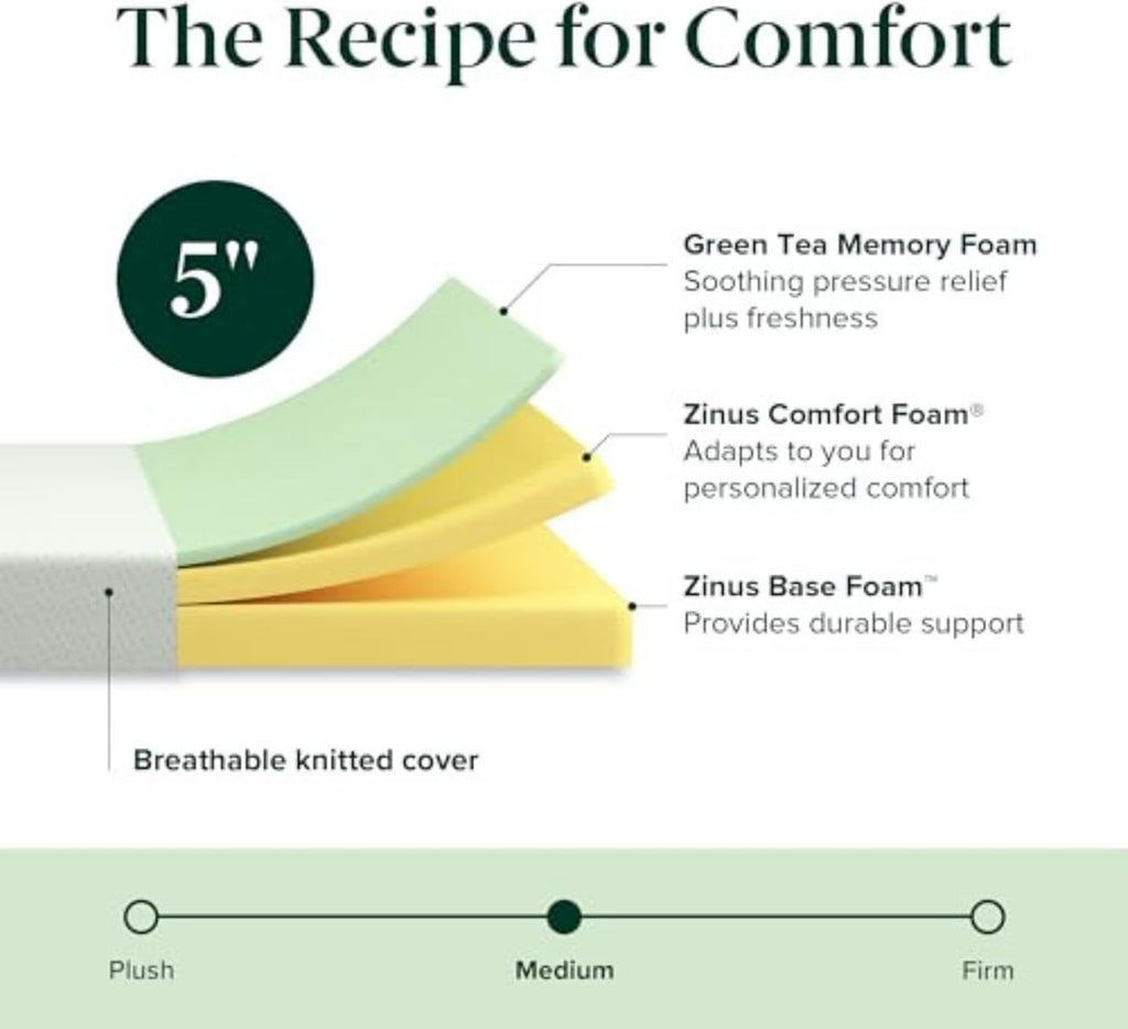 Zinus 5 Inch Twin Green Tea Memory Foam Mattress - Medium Firm, Zoned Pressure Relief, Safe & Fiberglass Free