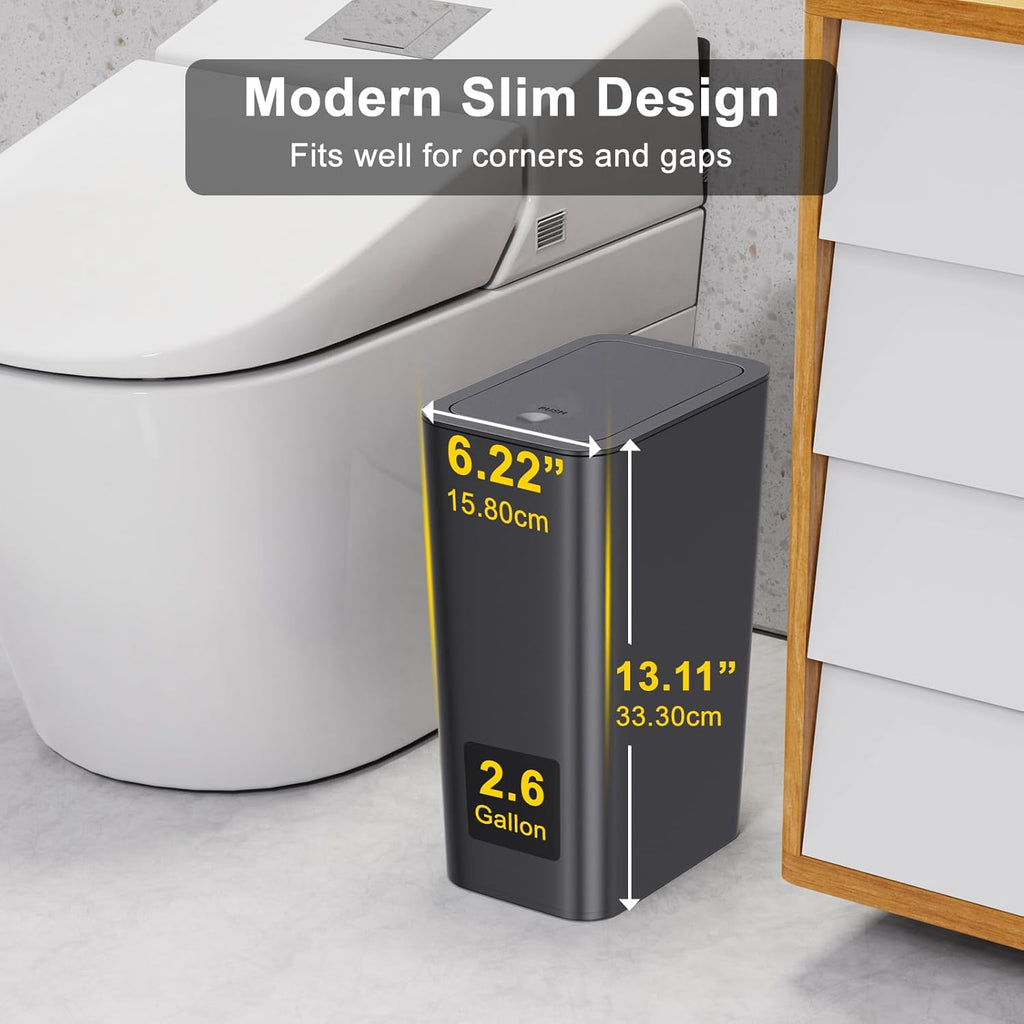 NETDOT 10 Liter Slim Trash Can - 3 Pack with Lid for Bathroom, Kitchen, Office | Black Waste Basket