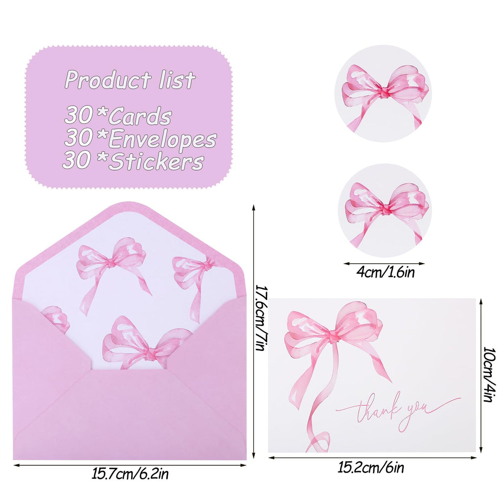 30Pack Pink Bow Thank You Cards with Envelopes Stickers Bow Blank Note Card Watercolor Greeting Card for Wedding Party Birthday Supplies (Pink)