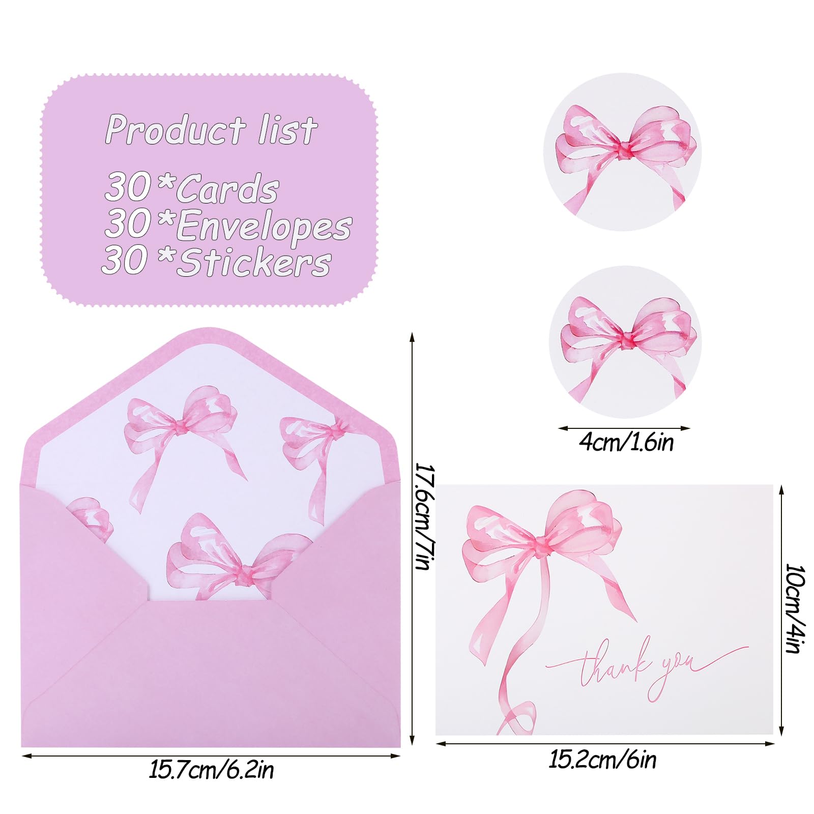 30Pack Pink Bow Thank You Cards with Envelopes Stickers Bow Blank Note Card Watercolor Greeting Card for Wedding Party Birthday Supplies (Pink)