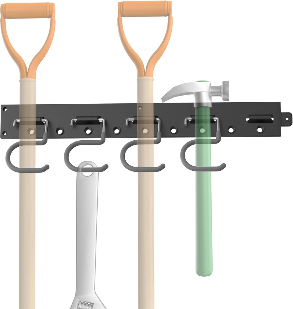 TORACK Wall Mounted Mop & Broom Holder - Garden Tool Organizer with 4 Tracks & 16 Hooks
