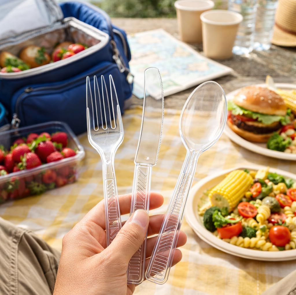 Party Dimensions Plastic Cutlery Set - 300 Count Disposable Clear Utensils | 100 Forks, 100 Spoons, 100 Knives